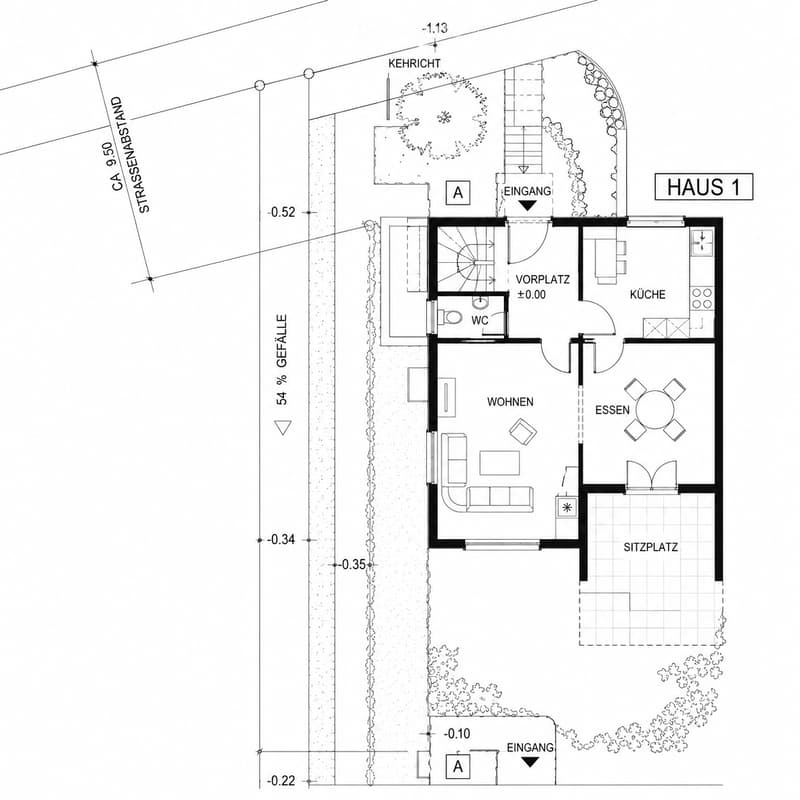 Floor plan of Haus 1 showing entrance, kitchen, living area, dining area, sitting area, and WC.