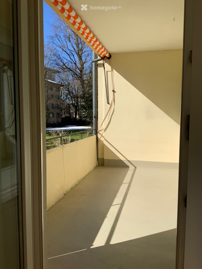 Balcony with beige walls, metal railing, and an orange and white striped awning. The view shows a green lawn, trees, and a building in the background.