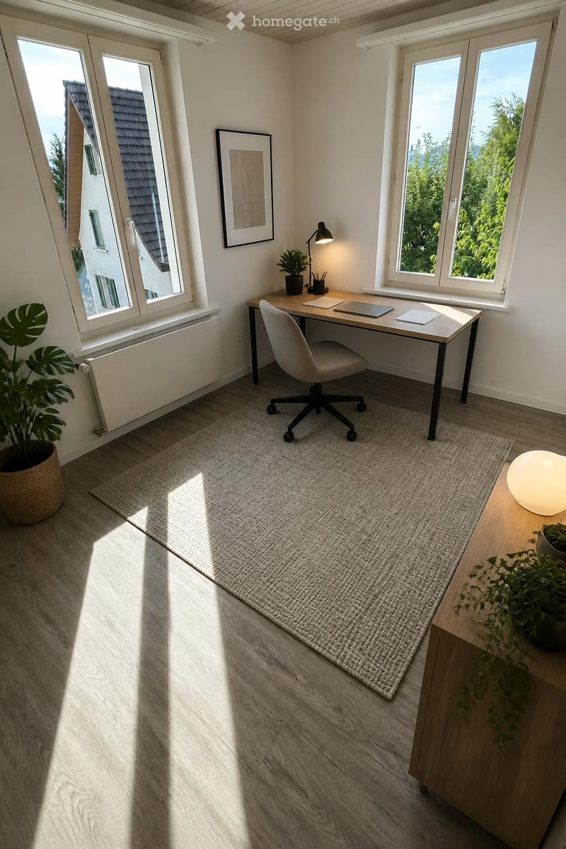 Bright, modern home office with large windows, wooden flooring, a desk with a laptop, a chair, a lamp, and decorative plants.