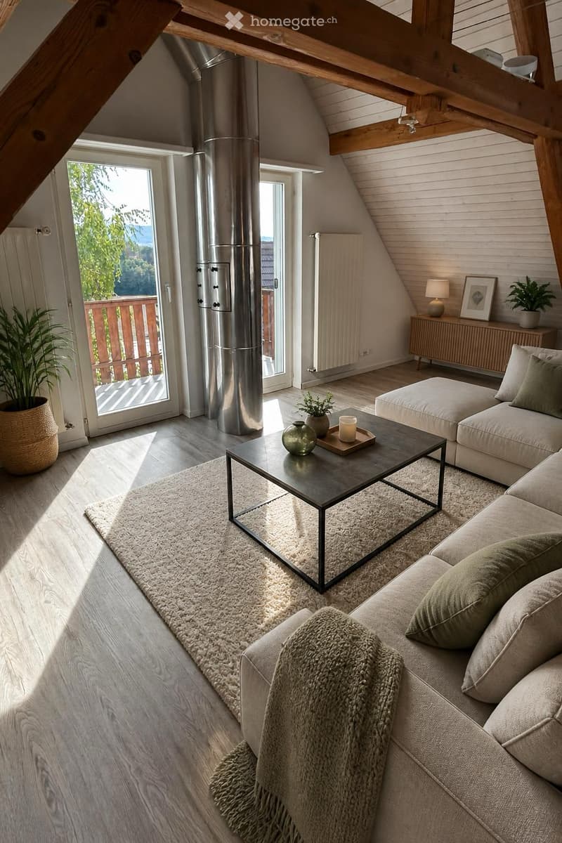 Modern living room with exposed wooden beams, large windows, and a balcony. Features a sofa, coffee table, ottoman, side table, lamp, and decorative items.
