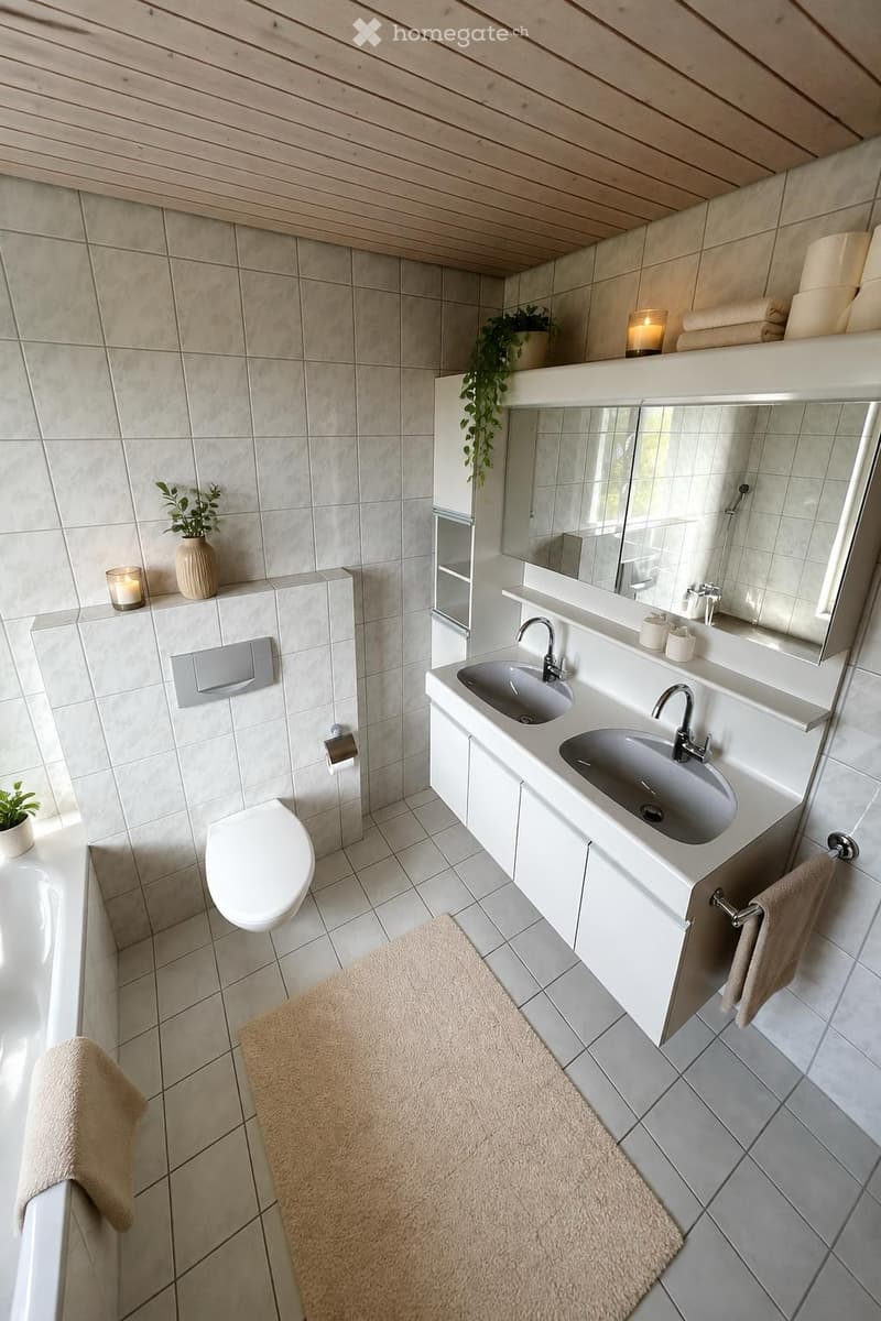Modern bathroom with a double sink, toilet, bathtub, and large mirror. Features tiled walls and floors, a wooden ceiling, and decorative plants and candles on shelves.
