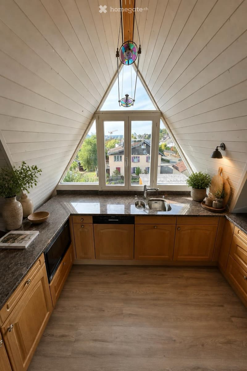 Bright kitchen with wooden cabinets, granite countertop, sink, and a large window offering a view of the neighborhood. Includes decorative vases, a bowl, and potted plants on the counter.