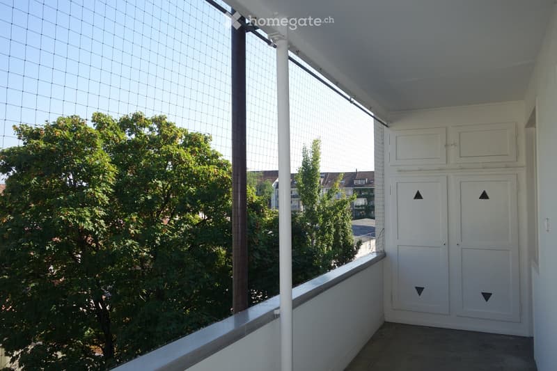 Balcony with white railings, large windows with grid-like blinds, and a view of trees and buildings.
