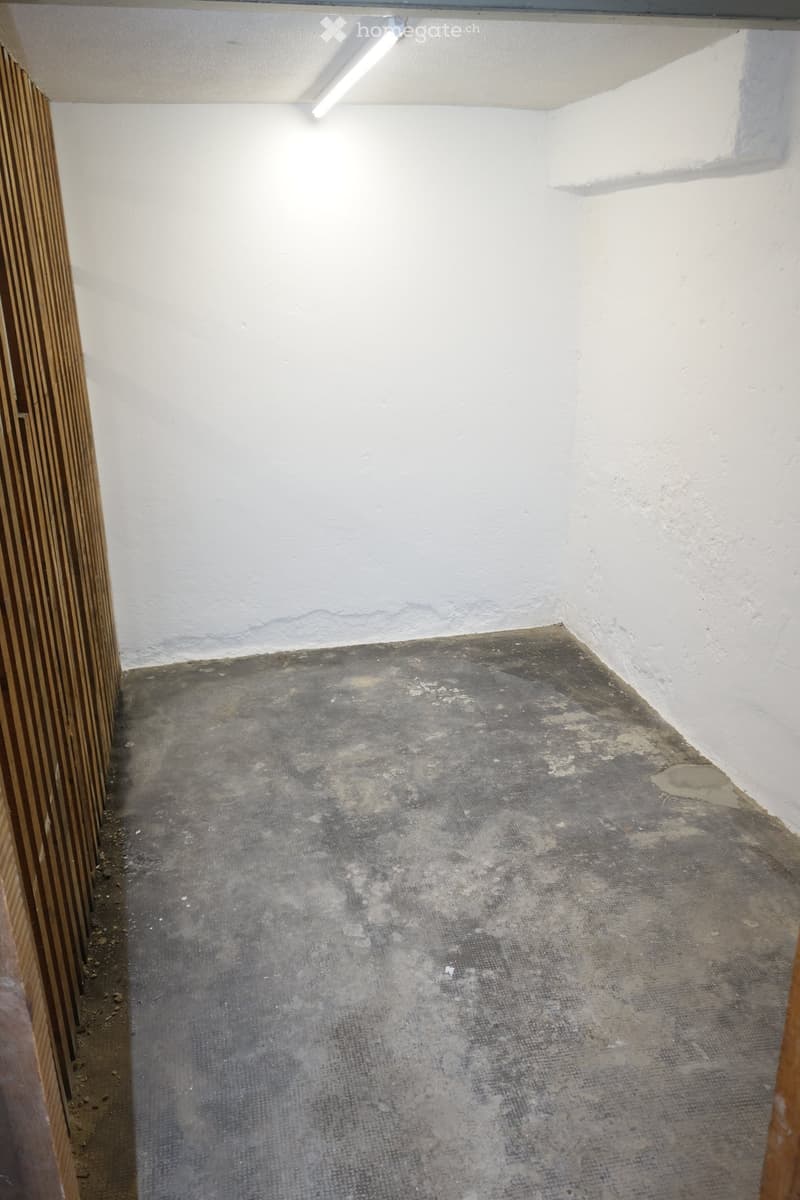 Empty room with white walls and a concrete floor, showing signs of wear and dirt. No furniture or equipment is present.