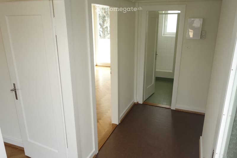 Empty hallway with white walls, dark carpeted floor, and wooden flooring visible in adjacent room. Doors lead to other spaces, including a tiled bathroom.