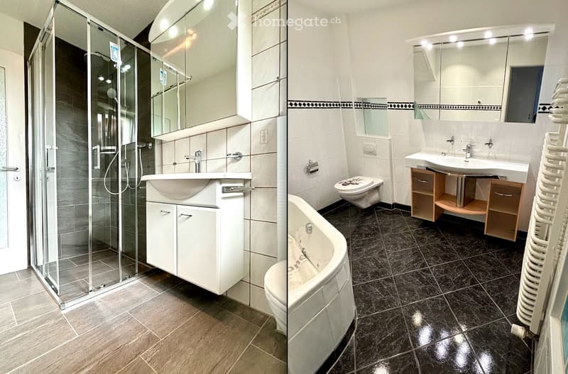 Modern bathroom with a bathtub, toilet, sink, mirror, and a glass-enclosed shower. The left side features a white sink cabinet with a mirror above it, while the right side includes a bathtub, toilet, and a vanity with a sink and mirror.