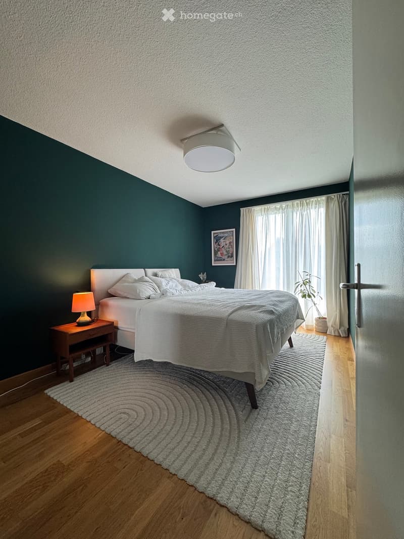 Modern bedroom with a large bed, nightstand with lamp, round rug, and a plant near the window.