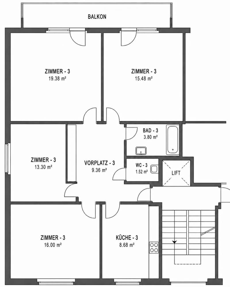 Floor plan showing a layout with four bedrooms, a bathroom, a WC, a hallway, a kitchen, and a balcony.