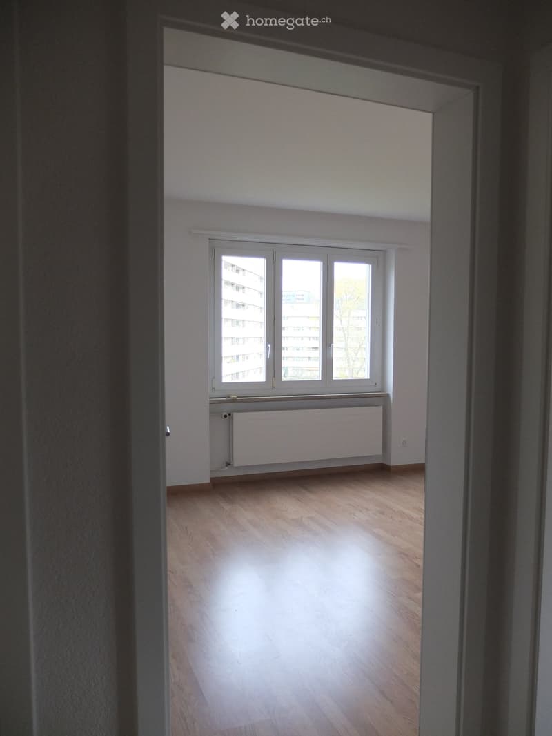 Empty room with wooden flooring, white walls, and a large window with three panes. A radiator is visible below the window.