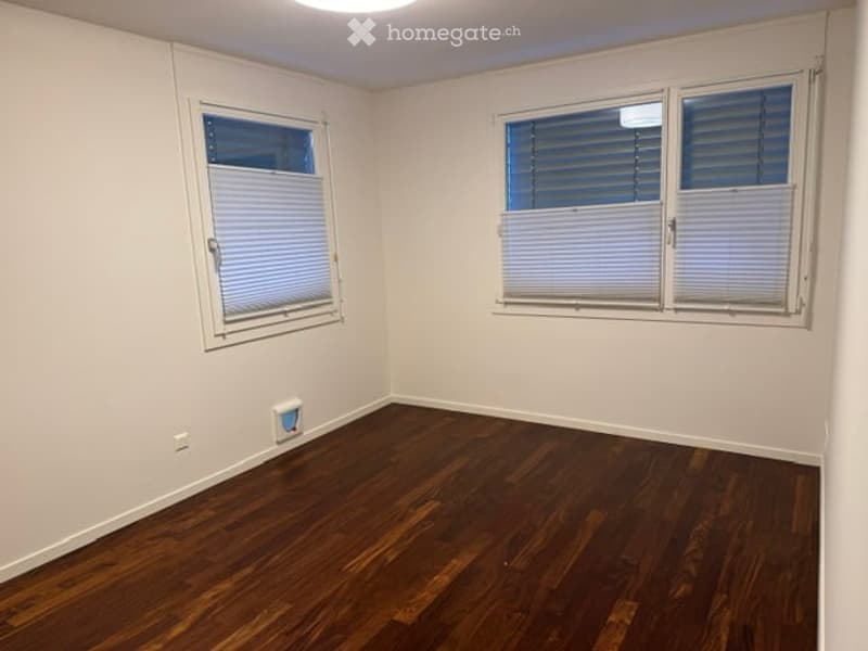 Empty room with light-colored walls, wooden flooring, and two windows with blinds.