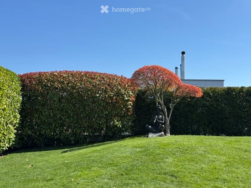 Well-maintained garden with neatly trimmed hedges, a small tree with red leaves, a stone bench, and a sculpture. The lawn is lush and green, and the background shows part of a house with a chimney.
