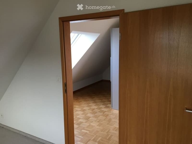 Empty attic room with wooden flooring, white walls, and a skylight window letting in natural light.