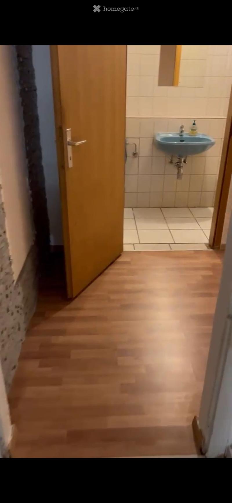 A narrow hallway with wooden flooring, leading to a small bathroom with a blue sink and tiled walls.