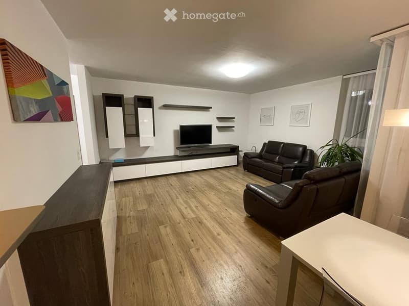 Modern living room with light wooden flooring, white walls, and large windows. Features a black leather sofa, a TV stand with a flat-screen TV, wall-mounted shelves, and a small table with a plant.