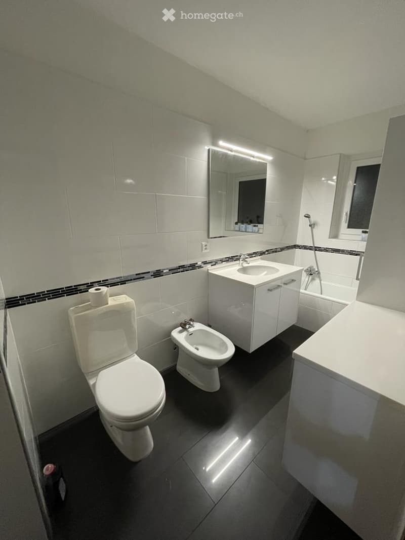 Modern bathroom with white tiles, black accents, toilet, bidet, sink, mirror, and bathtub.