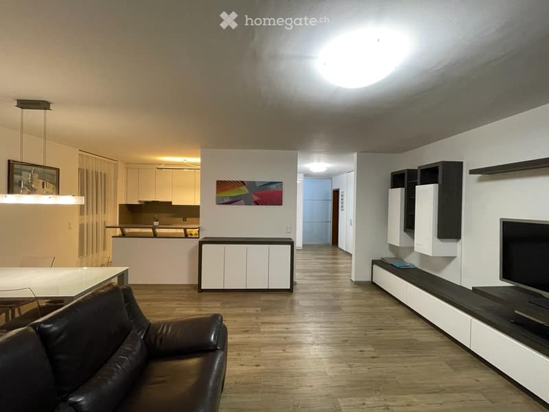 Modern open-plan living and dining area with a leather sofa, coffee table, TV stand, kitchen area with cabinets, pendant lighting, and built-in shelving units.