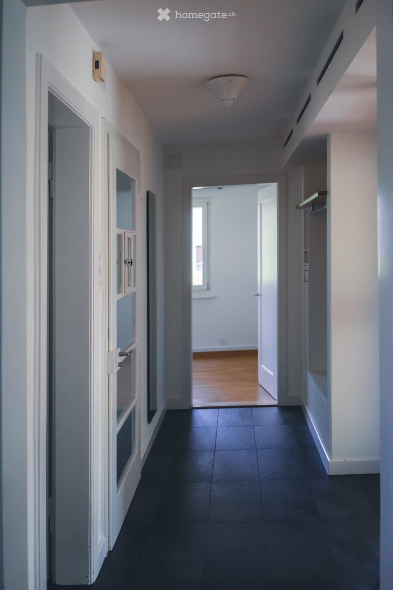 Empty hallway with white walls, dark tiled floor, and a ceiling light fixture. Doors and windows are visible along the walls.