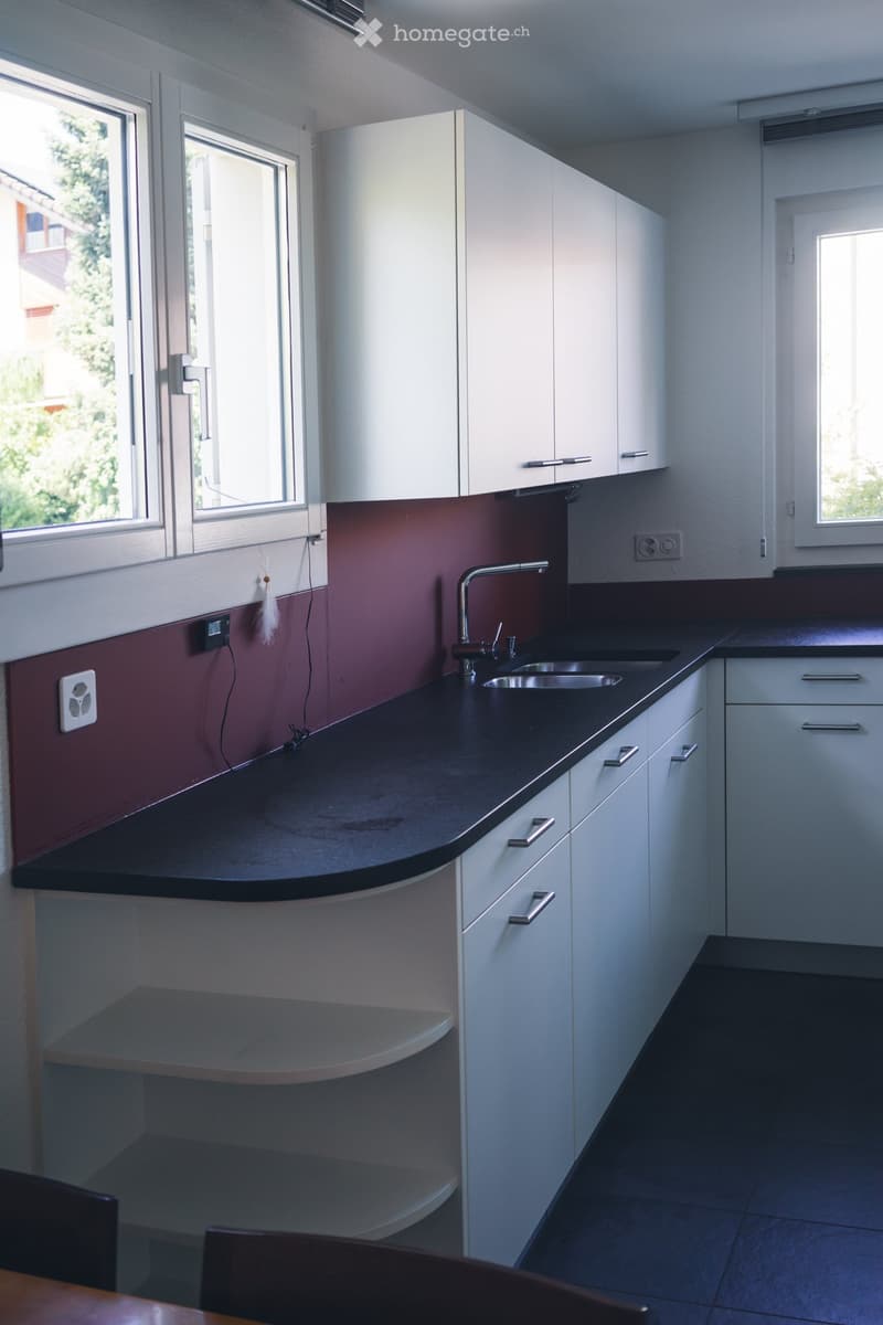 Modern kitchen with white cabinets, dark countertops, and a stainless steel sink. The walls are painted in a two-tone design with a pink lower section and white upper section. Windows provide natural light.