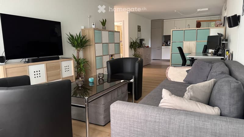 Modern living room with grey sofa, coffee table, TV, and a small office area with a desk and chair.