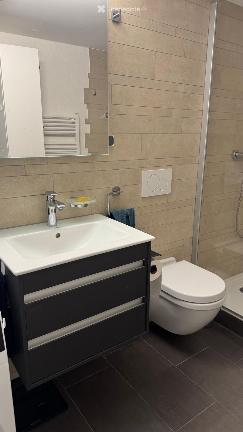 Modern bathroom with a white sink, chrome faucet, black cabinet, toilet, and a mirror above the sink. Beige tiled walls and dark tiled floor.