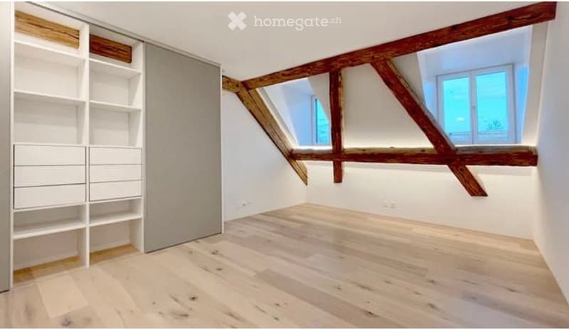 Empty room with wooden flooring, white walls, built-in closet, and skylight windows.