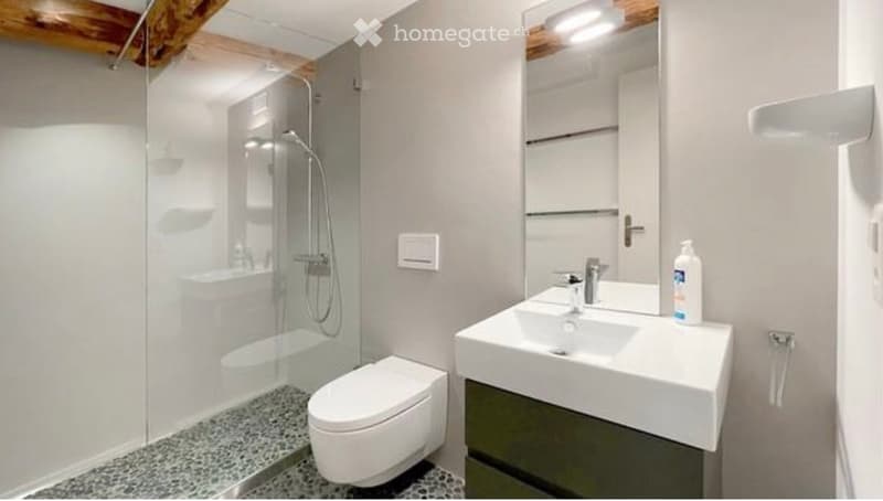 Modern bathroom with a glass-enclosed shower, toilet, sink, and mirror. The sink has a modern faucet and a bottle of soap on the counter.