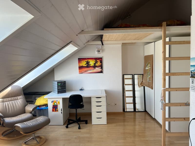 Bright attic room with wooden floors, slanted ceilings, and skylights. Features a white desk with a black office chair, a leather armchair with ottoman, storage unit, and a lofted sleeping area accessible by a wooden ladder.