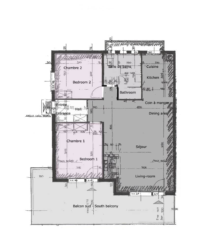 Entrance hall, living room, bedroom 1, bedroom 2, dining area, kitchen, bathroom, south balcony