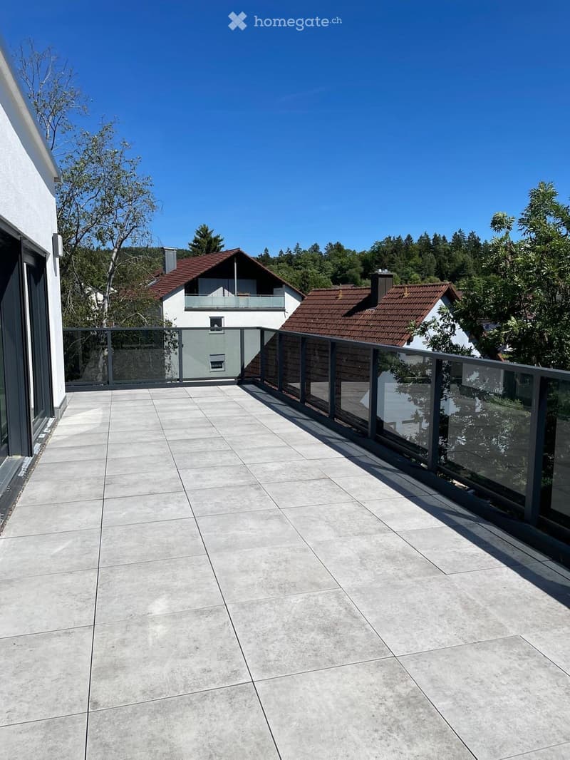 Modern balcony with concrete tiles, glass railing, and a view of neighboring houses and trees.