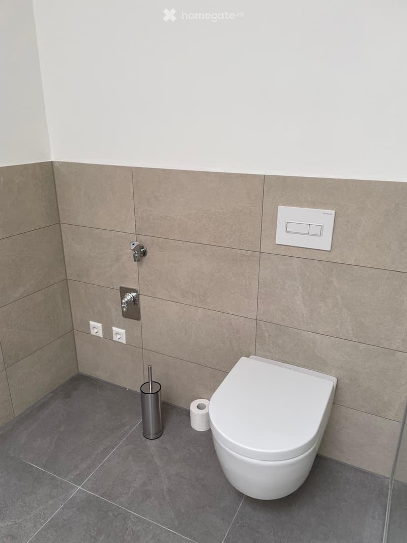 Modern bathroom with a white toilet, toilet paper roll, and a toilet brush holder on a grey tiled floor.