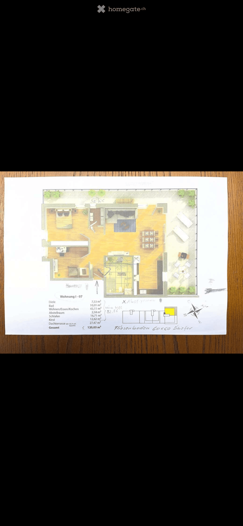 Floor plan of a residential unit labeled "Wohnung I-07" showing a bedroom, bathroom, living/dining/kitchen area, storage room, hallway, and terrace.
