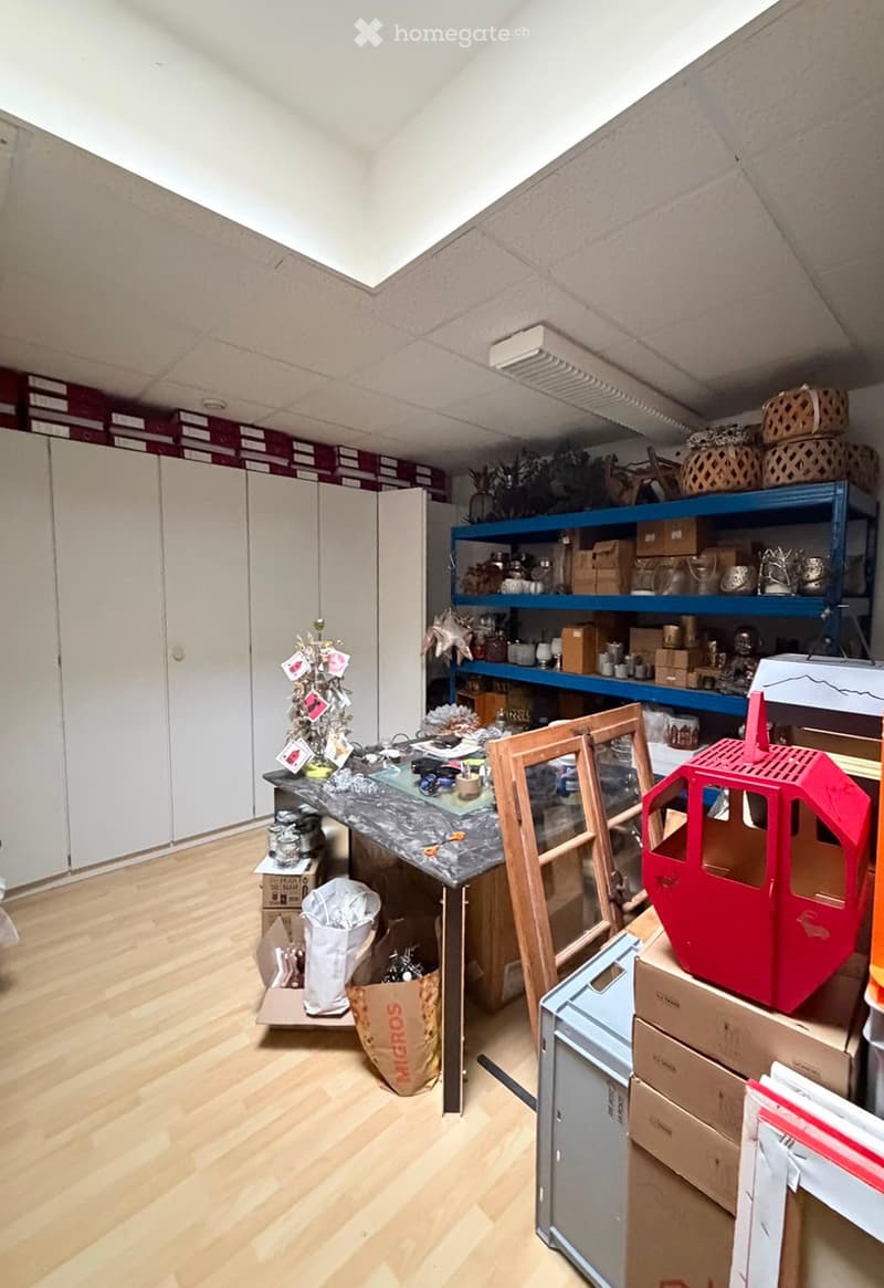 The room has wooden flooring, white walls, and a slanted ceiling with a skylight. It contains a table with various items, shelves filled with boxes and decorative objects, a chair, and a small mirror. There are also storage boxes, plants, and a toy on the