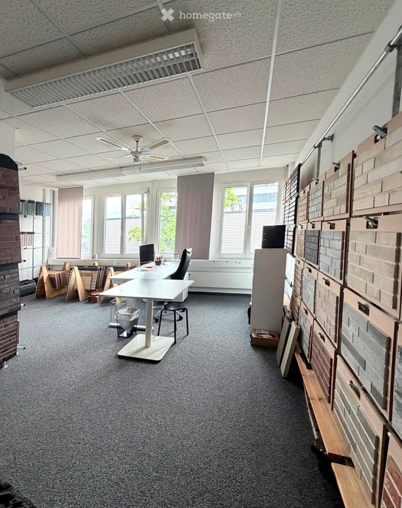 Office space with a white table, black chair, computer, fan, and refrigerator. Large windows provide natural light, and the room is carpeted with a gray carpet.