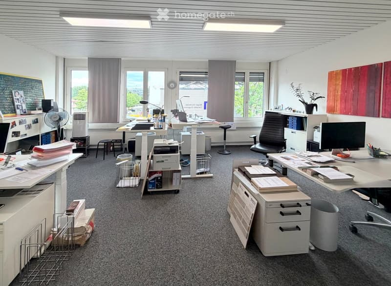 Office space with multiple desks, chairs, laptops, printers, and filing cabinets. Large windows with blinds, a fan, and artwork on the walls.
