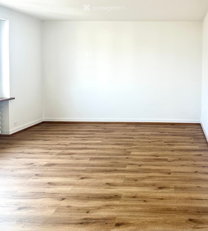 Empty room with light wooden flooring and white walls, featuring a small white cabinet on the left side.