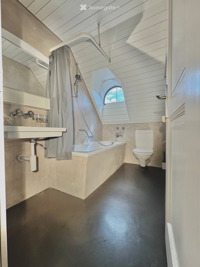 Modern bathroom with a bathtub, toilet, sink, and a skylight window above the bathtub. The space features wooden paneling on the ceiling and walls, and a dark floor.