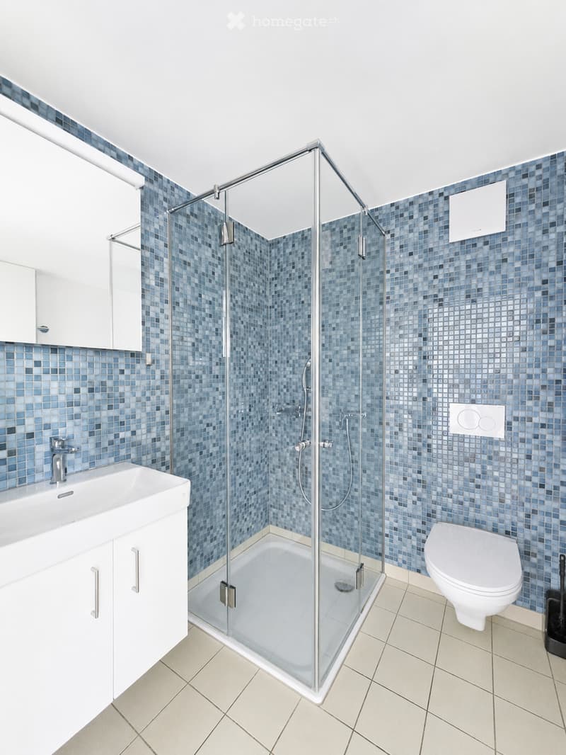 Modern bathroom with blue mosaic tiles, a glass-enclosed shower stall, a white sink with cabinetry, and a toilet.