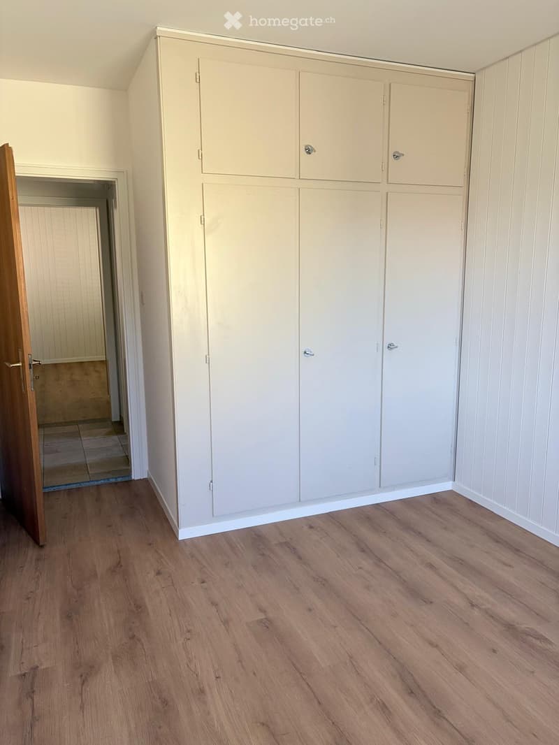 Empty room with light wooden flooring, white walls, and built-in white cabinets. A wooden door leads to another room with tiled flooring.