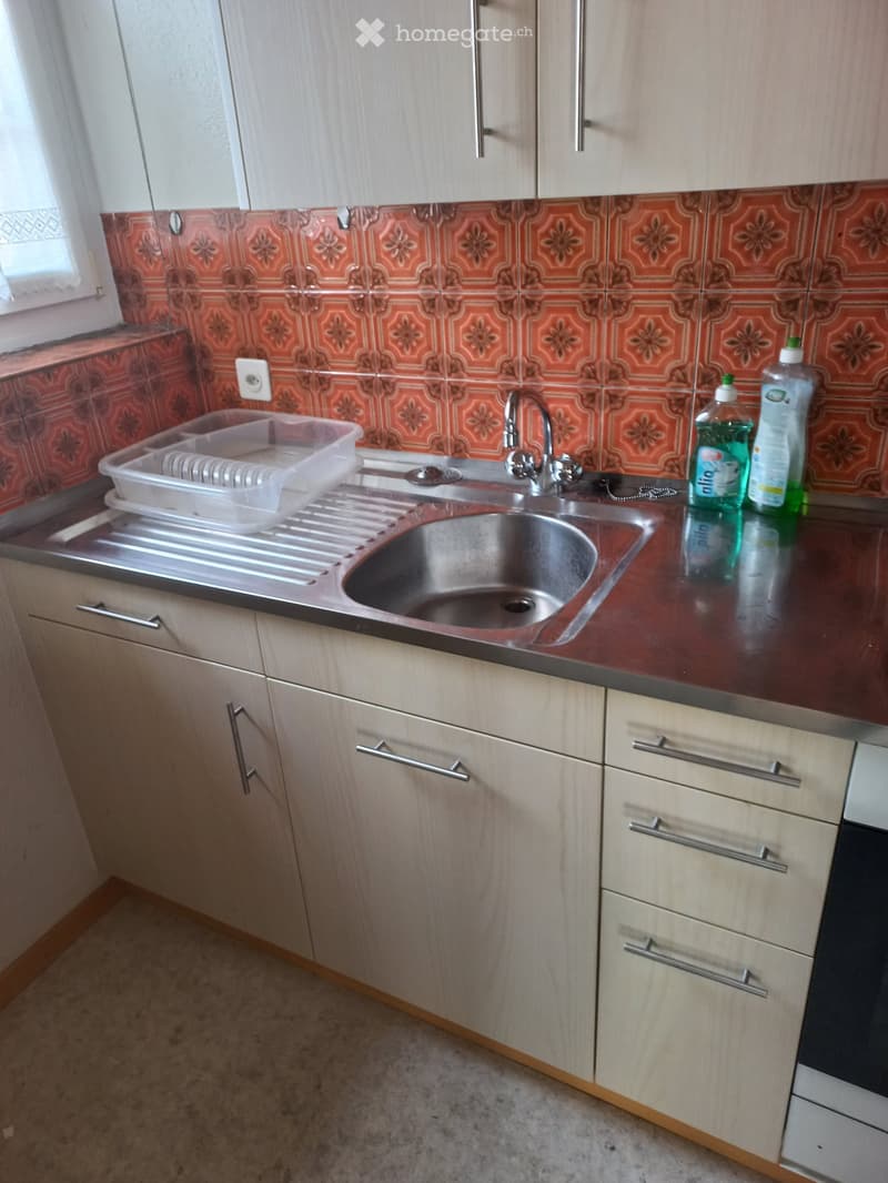 stainless steel sink, white cabinet drawers, silver faucet, counter, two bottles of cleaning liquid, plastic dish drainer
