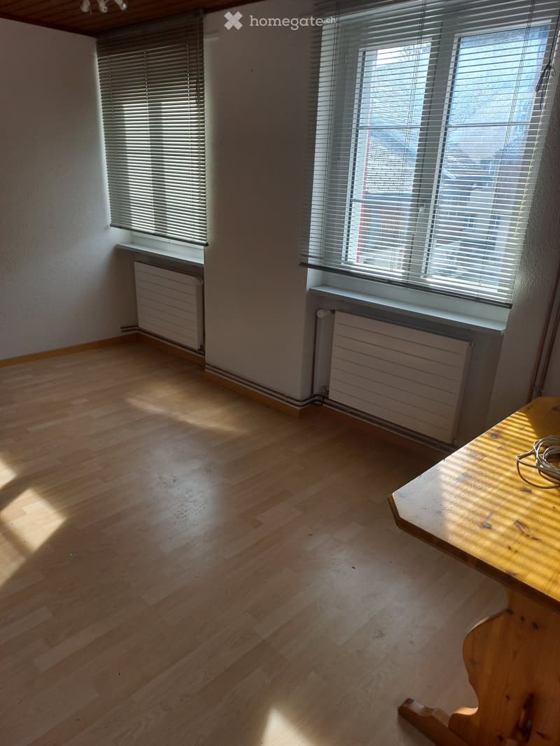Empty room, hardwood floors, two large windows with blinds, white walls, radiators below the windows, wooden table in the foreground.