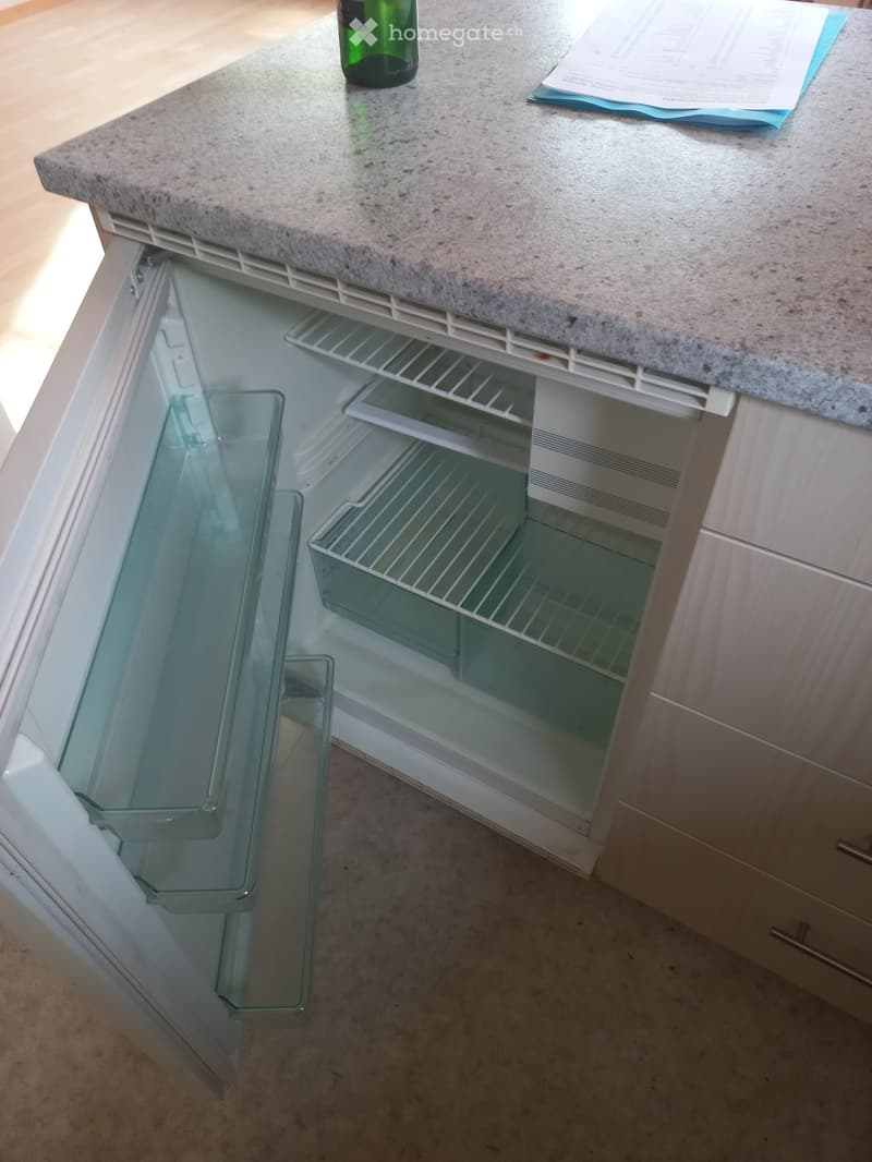 Open refrigerator, granite countertop, wooden cabinets, empty
