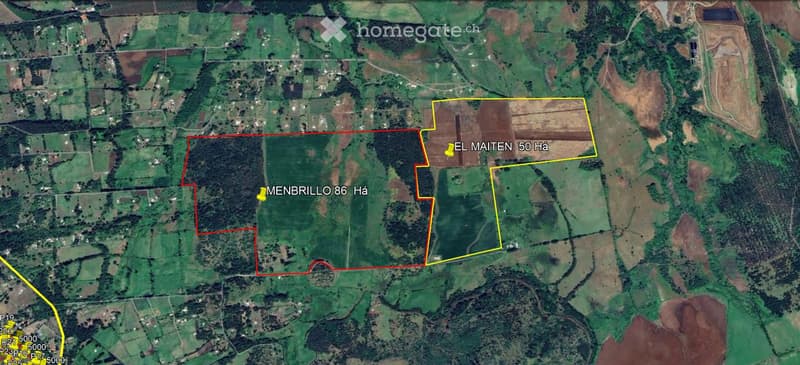 Aerial view of a rural area with two highlighted plots: 'MENBRILLO 86 Há' (86 hectares) and 'EL MAITEN 50 Há' (50 hectares). The plots are outlined in red and yellow respectively, surrounded by green fields and patches of forest.