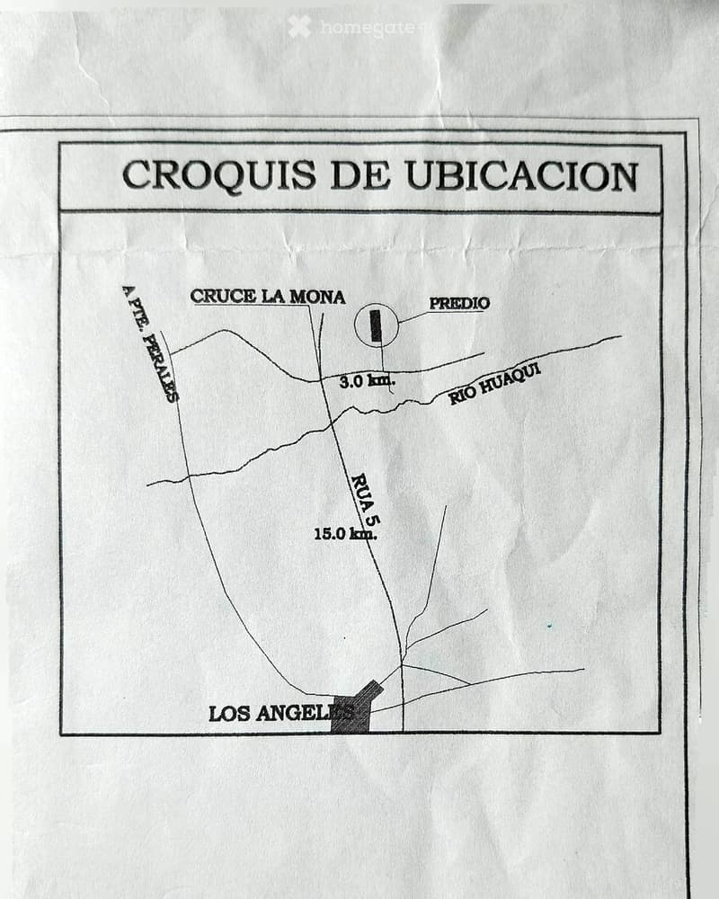 Location map showing 'Cruce La Mona' and 'Los Angeles' with distances to 'Rio Huaqui' and 'Rutas' indicated as 3.0 km and 15.0 km respectively.