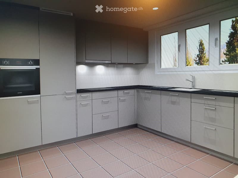 Modern kitchen with grey cabinets, tiled floor, built-in oven, sink, and windows letting in natural light.