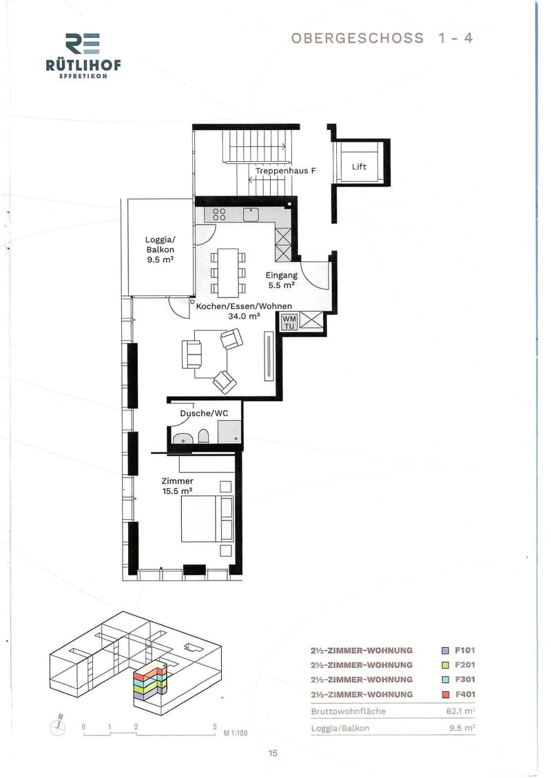 Floor plan of a 2.5-room apartment with a kitchen/dining/living area, bedroom, bathroom, entrance, staircase house, and balcony.