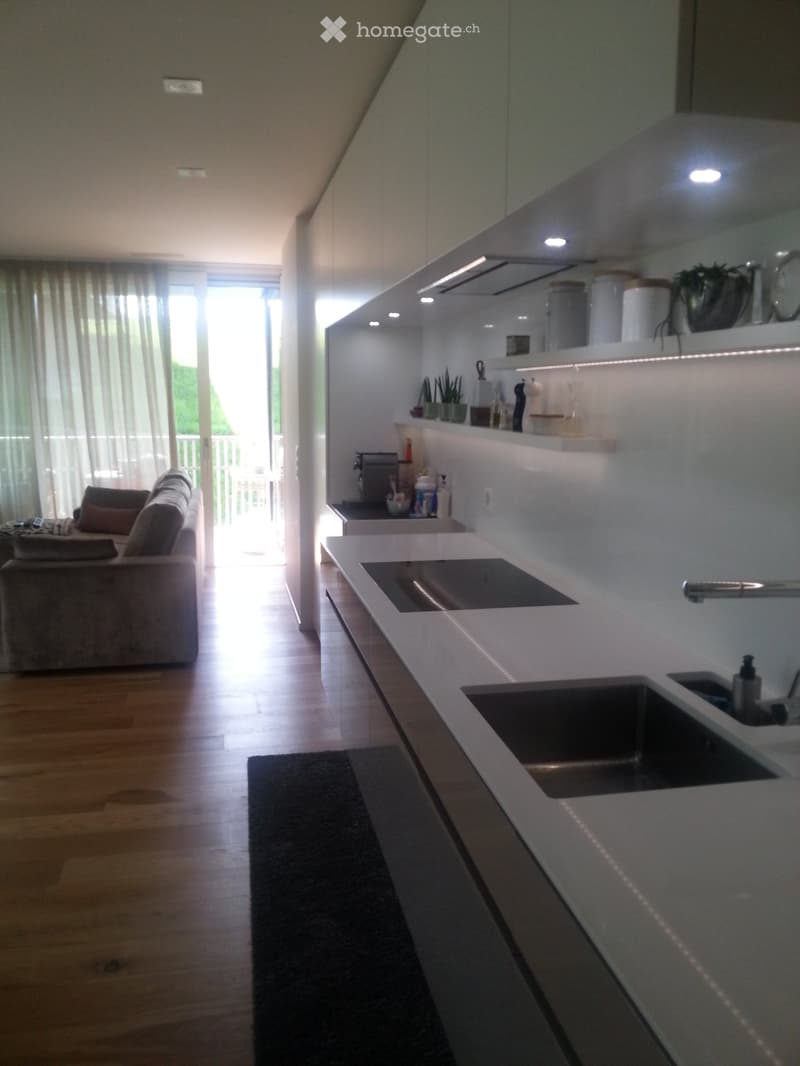 Modern open-plan living and kitchen area with a grey sofa, white kitchen island, stainless steel sink, and built-in shelves with decorative items.