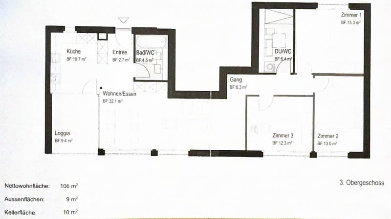 Floor plan of the third upper floor showing a kitchen, entrance, bathroom/WC, living/dining area, hallway, three bedrooms, and a loggia.