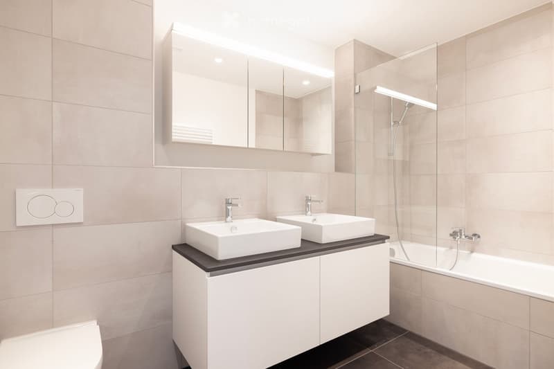 Modern bathroom with two white sinks, a large mirror, a bathtub, and a glass-enclosed shower area.