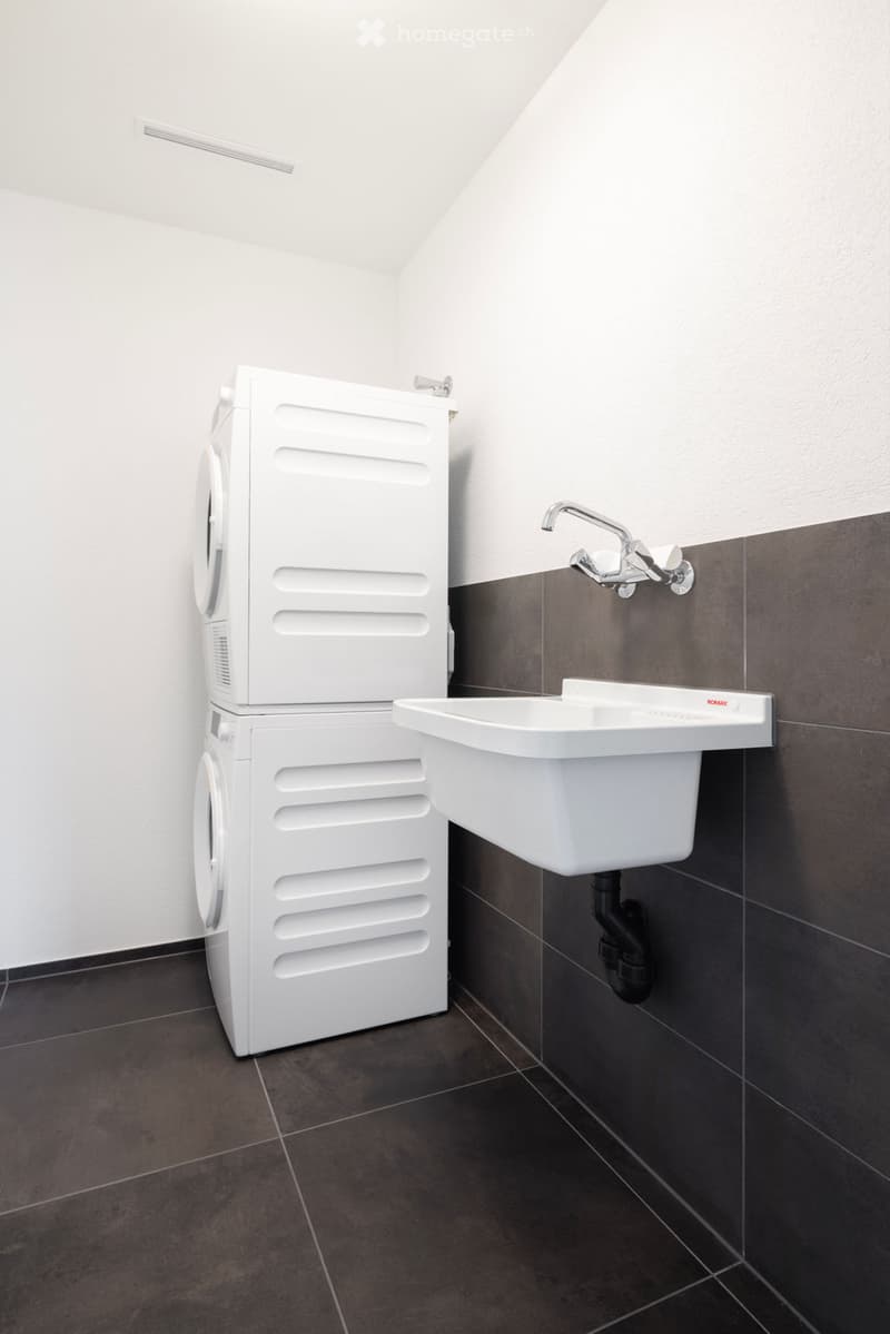 Modern bathroom with a white sink, chrome faucet, and a white washing machine unit.