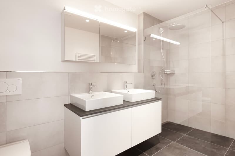 Modern bathroom with two white sinks, sleek faucets, a large mirrored cabinet, and a glass-enclosed shower area.
